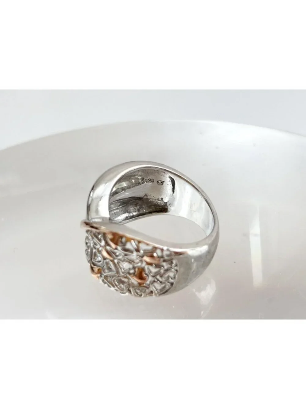 Dual Toned Gold Overlay Heart Crossover Sterling Silver 925 Vintage Ring sz 7.25